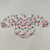 Merry Bow Pattern Smocked Girls Christmas Romper