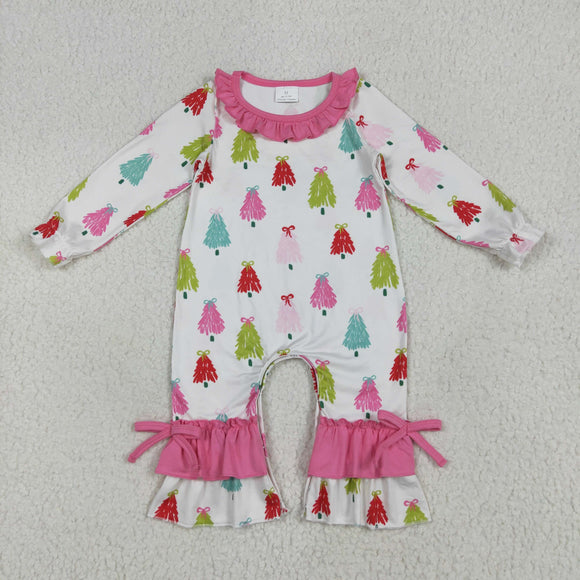 Bow Pattern Trees Pink Ruffles Girls Christmas Romper