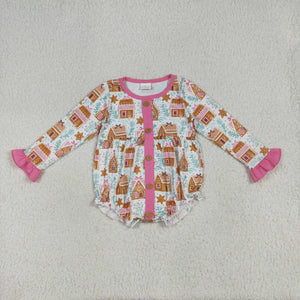 House Pink Ruffles Buttons Girls Christmas Romper