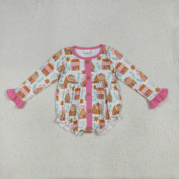 House Pink Ruffles Buttons Girls Christmas Romper