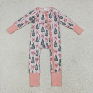 Trees Bow Pattern Pink Girls Christmas Romper