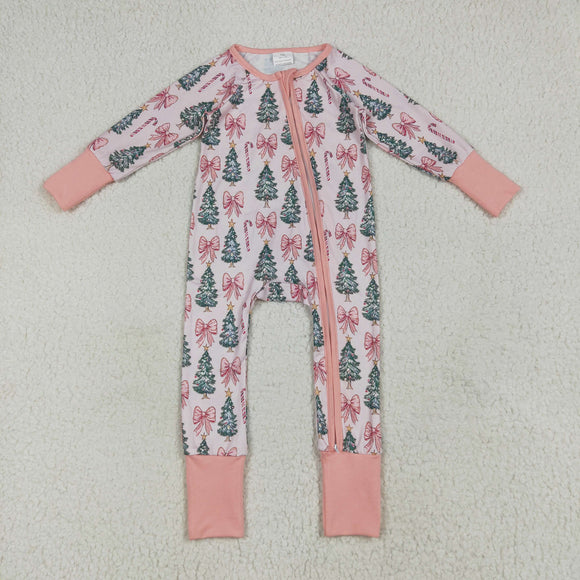 Trees Bow Pattern Pink Girls Christmas Romper