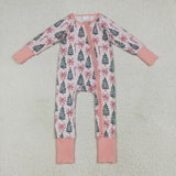 Trees Bow Pattern Pink Girls Christmas Romper