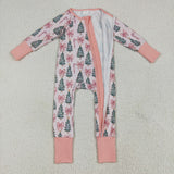Trees Bow Pattern Pink Girls Christmas Romper
