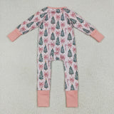 Trees Bow Pattern Pink Girls Christmas Romper
