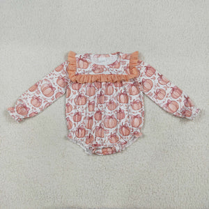 Bow Pumpkin Light Orange Ruffles Girls Fall Romper