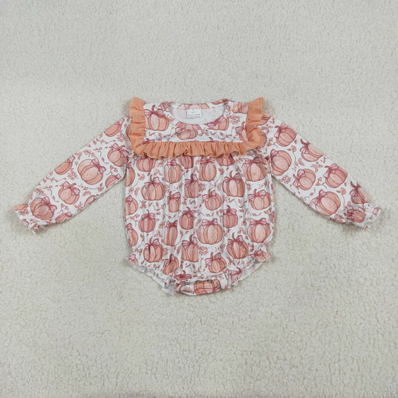 Bow Pumpkin Light Orange Ruffles Girls Fall Romper