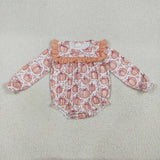 Bow Pumpkin Light Orange Ruffles Girls Fall Romper