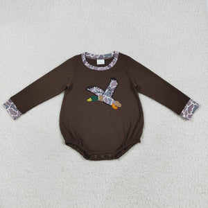Camo Duck Embroidery Brown Boys Fall Romper