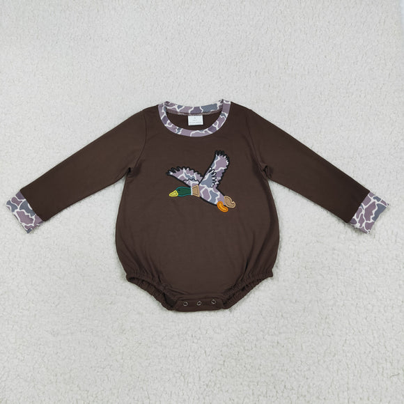 Camo Duck Embroidery Brown Boys Fall Romper
