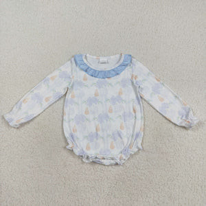 Floral Pumpkin Blue Ruffles White Girls Fall Romper
