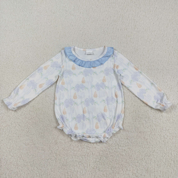 Floral Pumpkin Blue Ruffles White Girls Fall Romper