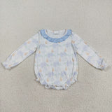 Floral Pumpkin Blue Ruffles White Girls Fall Romper