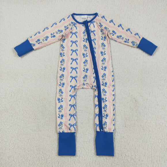 Blue Floral Bow Pattern Girls Fall Romper