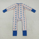Blue Floral Bow Pattern Girls Fall Romper