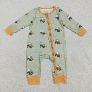 Pumpkin Tractor Orange Green Boys Fall Romper