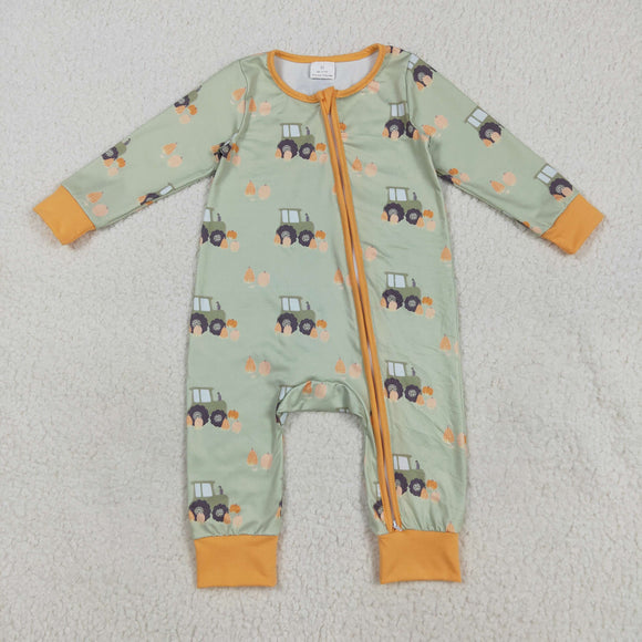 Pumpkin Tractor Orange Green Boys Fall Romper