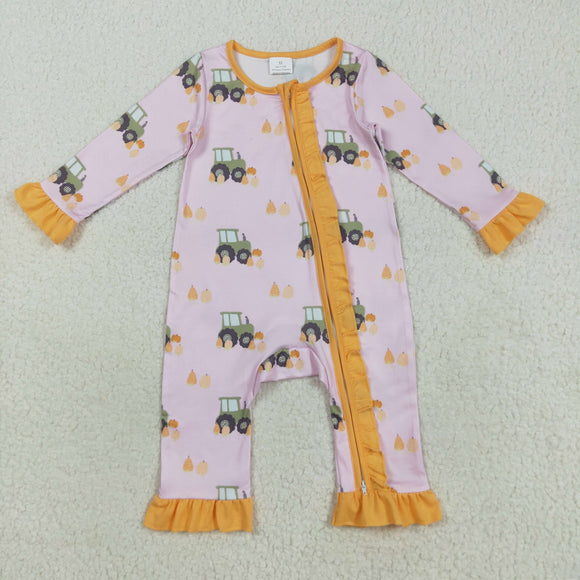 Pumpkin Tractor Orange Ruffles Pink Girls Fall Romper
