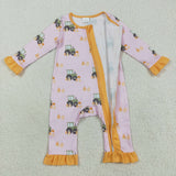 Pumpkin Tractor Orange Ruffles Pink Girls Fall Romper