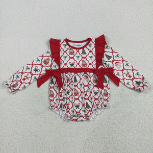 Santa Bow Pattern Plaid Red Ruffles Girls Christmas Romper