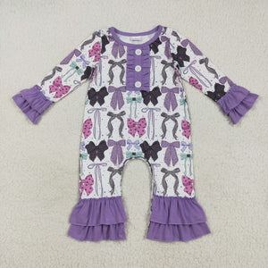 Purple Bow Pattern White Girls Halloween Romper