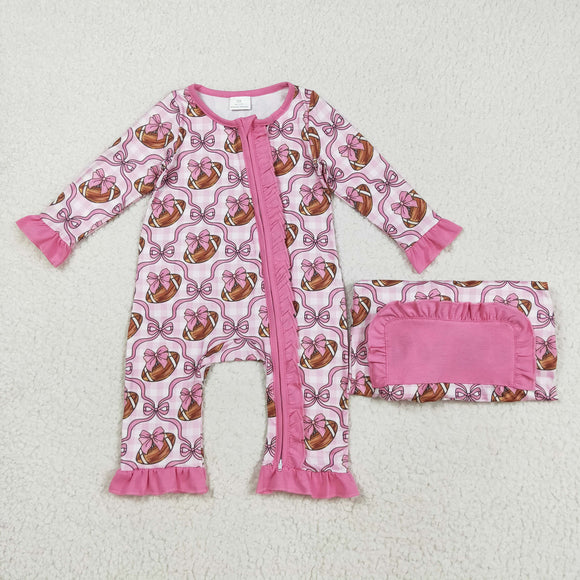 Football Bow Pattern Pink Ruffles Girls Fall Romper