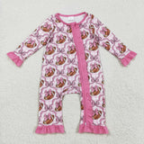 Football Bow Pattern Pink Ruffles Girls Fall Romper