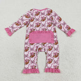 Football Bow Pattern Pink Ruffles Girls Fall Romper