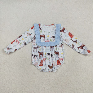 Farm Animals Blue Ruffles White Girls Fall Romper