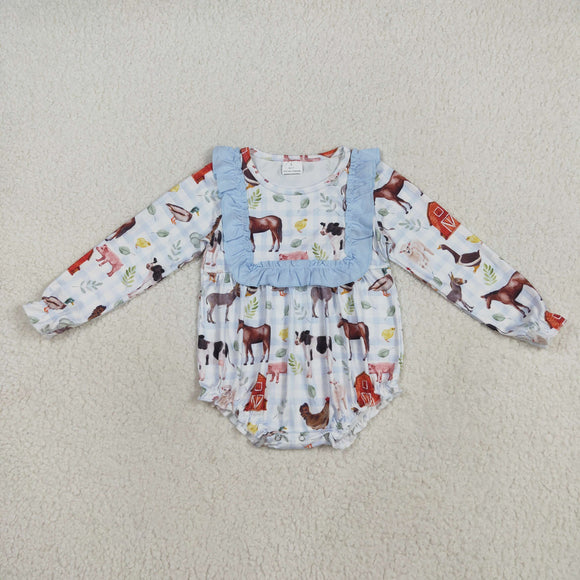 Farm Animals Blue Ruffles White Girls Fall Romper