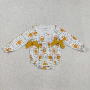 Pumpkin Bow Pattern Yellow Girls Fall Romper