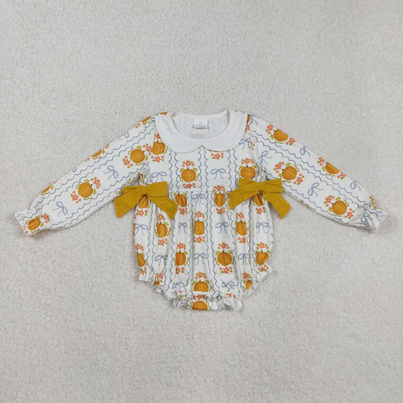 Pumpkin Bow Pattern Yellow Girls Fall Romper