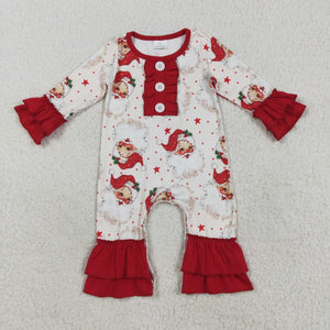 Santa Stars Red Ruffles Girls Christmas Romper