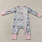 Farm Animals Pink Blue Girls Fall Romper