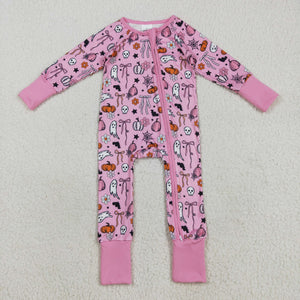 Ghost Pumpkin Bow Pattern Pink Girls Halloween Romper