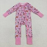 Ghost Pumpkin Bow Pattern Pink Girls Halloween Romper