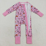 Ghost Pumpkin Bow Pattern Pink Girls Halloween Romper