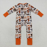 Black Orange Bow Pattern White Girls Halloween Romper