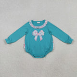 Bow Embroidery Floral Ruffles Blue Girls Fall Romper