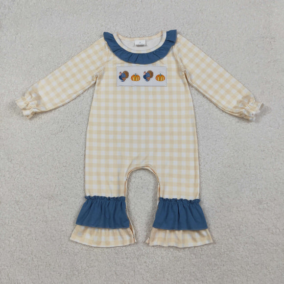Turkey Pumpkin Yellow Plaid Blue Bows Girls Thanksgiving Romper