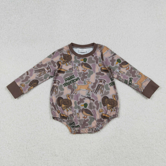 Family Traditions Duck Deer Turkey Camo Brown Boys Fall Romper