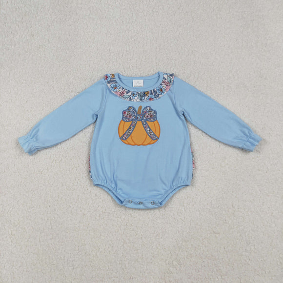 Bow Pattern Pumpkin Floral Ruffles Blue Girls Fall Romper