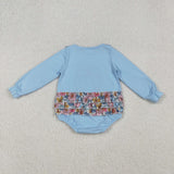 Bow Pattern Pumpkin Floral Ruffles Blue Girls Fall Romper