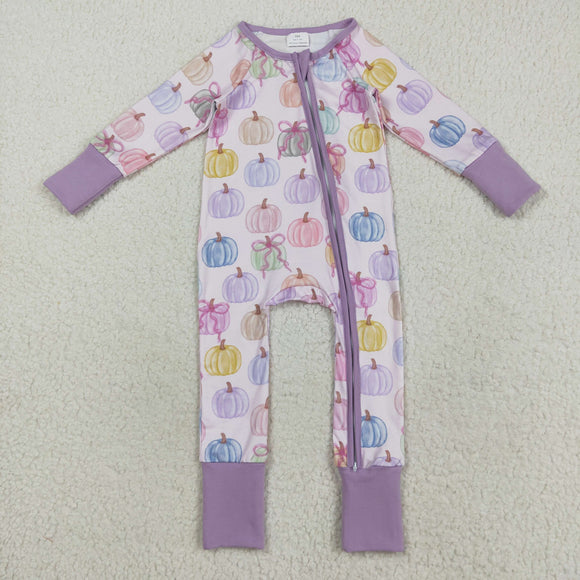 Bow Pattern Pumpkin Purple Girls Fall Romper