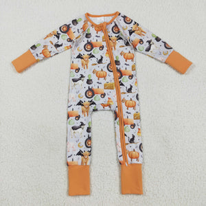 Farm Animals Pumpkin Tractor Orange Boys Halloween Romper