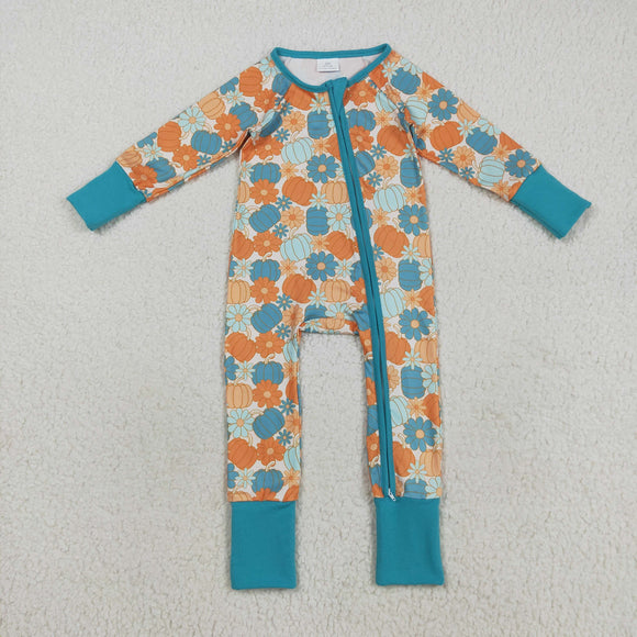 Floral Pumpkin Blue Girls Fall Romper