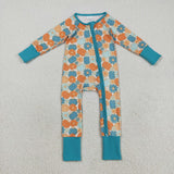 Floral Pumpkin Blue Girls Fall Romper