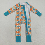 Floral Pumpkin Blue Girls Fall Romper