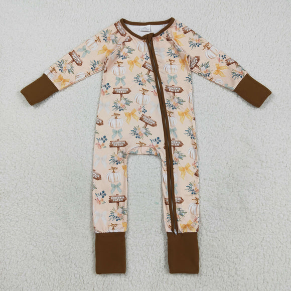 Pumpkin Patch Bow Pattern Girls Fall Romper