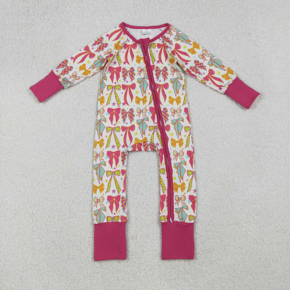 Stars Bow Pattern Hot Pink Girls Fall Romper